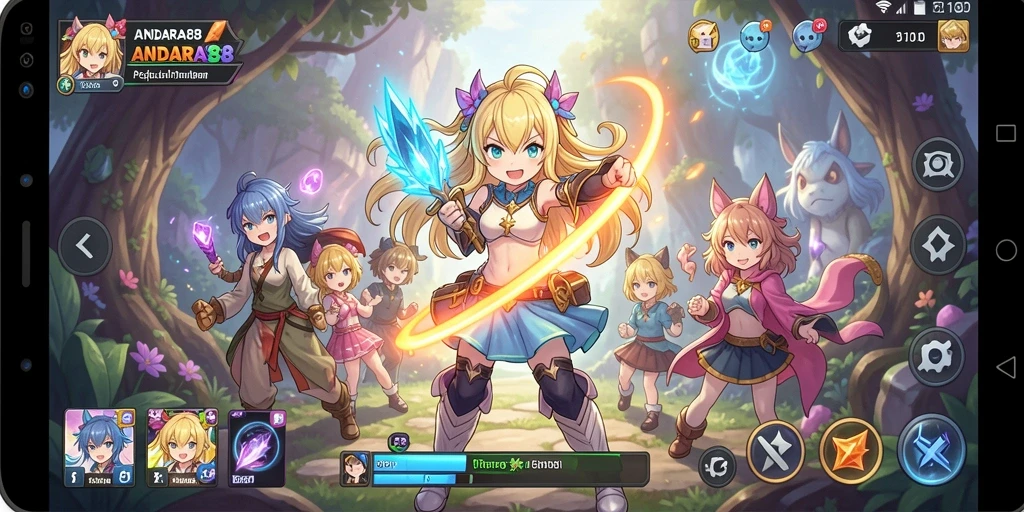 Screenshot gameplay ANDARA88 menampilkan pertarungan epik dan karakter Anime.