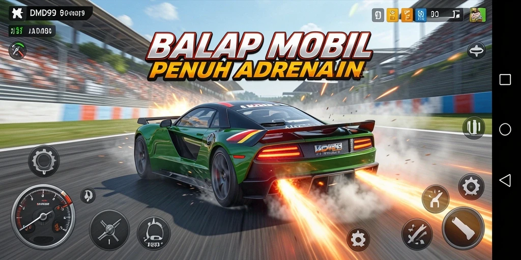 Tampilan mendebarkan dari gameplay DMD999 saat balapan mobil.