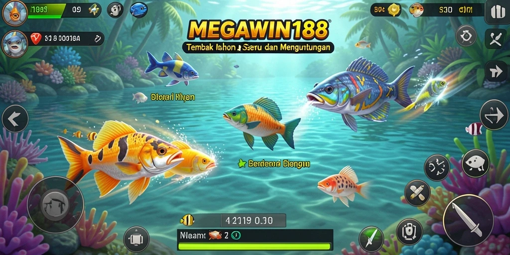 Tampilan gameplay MEGAWIN188 dengan aksi tembak ikan yang seru.