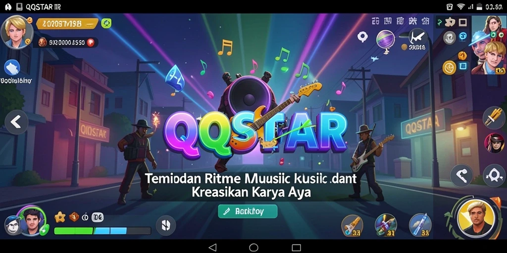 Screenshot utama QQSTAR menampilkan interaksi pemain dengan alat musik virtual.